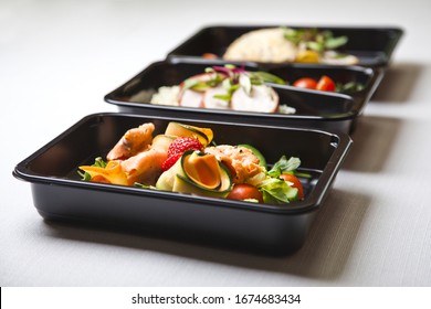 Catering Food With Healthy Balanced Diet Delicious Lunch Box Gastronomy Boxed Take Away Deliver Packed Ready Meal In Black Container Restaurant Inn Dinner, Meal, Brakfast