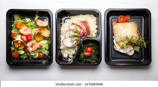 Catering Food With Healthy Balanced Diet Delicious Lunch Box Boxed Take Away Deliver Packed Ready  Meal In Black Container Dinner, Meal, Brakfast