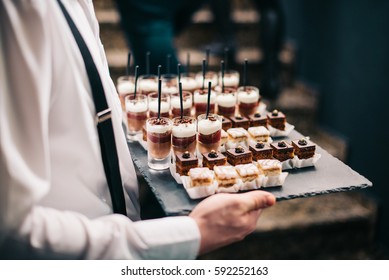 Catering Service Chocolate Mousse Sweets Finger Bites Dessert Plate Food Buffet Slate Tray