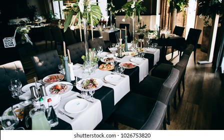 Catering Service. Food On The Black Decoration Wedding Table