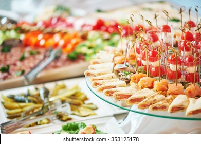 Catering service. Restaurant table with food at event. Shallow depth of view