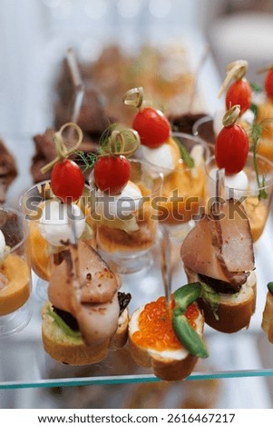 Catering services background with various snacks or finger food on the table at wedding party