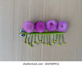 A Caterpillar Of Pink Flowers And Green Plants, Kids Craft For Playing Outside.