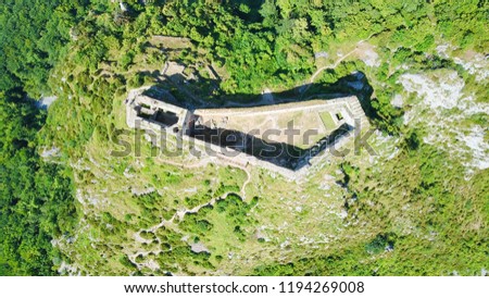Cathar castle of Montségur from above. castle in France