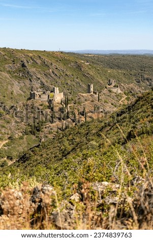Cathar castles Châteaux de Lastours (in Occitan Lastors) seen from Mont Clergue
