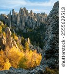 Cathederal spires in the golden hour light with autumn colors in display