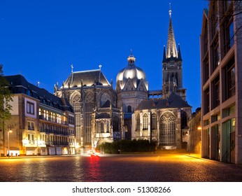 The cathedral in Aachen (Germany) at the blue hour.