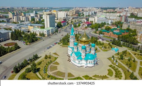 The Cathedral of the Assumption of the Blessed Virgin Mary, panoramic views of the city. Omsk, Russia, From Dron  
