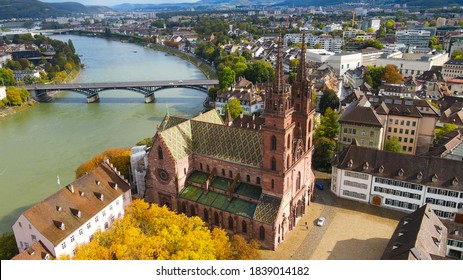 The Cathedral of Basel in the hisoric district - view from above by drone