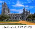 Cathedral Basilica of National Vow in historic center of Quito, Ecuador. Roman catholic church.