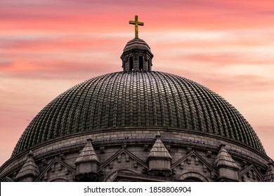 Cathedral Basilica Of Saint Louis Building Dome At Sunset.