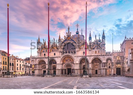 Cathedral Basilica of Saint Mark viewed from Piazza San Marco at sunrise, Venice, Italy.