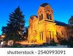 The Cathedral Basilica of St. Francis of Assisi in Santa Fe, New Mexico, USA at blue hour.