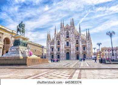 Cathedral Duomo di Milano in Square Piazza Duomo at sunny morning, Milan, Italy.