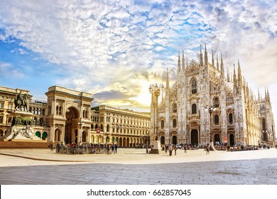 Cathedral Duomo di Milano and Vittorio Emanuele gallery in Square Piazza Duomo at sunny morning, Milan, Italy. - Powered by Shutterstock