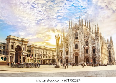Cathedral Duomo di Milano and Vittorio Emanuele gallery in Square Piazza Duomo at sunny morning, Milan, Italy.