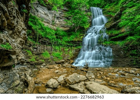 Cathedral Falls plunges 60 feet over Upper Nuttall sandstone, located alongside US Route 60 in Fayette County, West Virginia, USA 