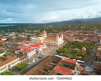 Cathedral in Granada Nicaragua aerial drone view