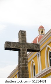 the cathedral of grenada   in grenada nicaragua central america  with large catholic cross