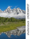 The cathedral group of mount teewinot, mount owen and grand teton from the snake river at schwabacher