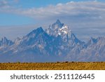 The Cathedral Group mountains in Grand Teton National Park with clouds in the background during summer.