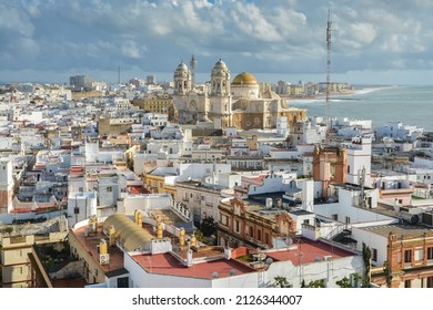 The Cathedral Of The Holy Cross In Cadiz. Spain, The Embankment Of The City Of Cadiz.