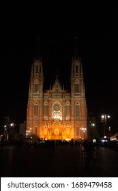 The Cathedral Of Immaculate Conception (Inmaculada Concepción) Lit Up At Summer Night. This Neogothic Cathedral Is Located In La Plata, Buenos Aires Province, Argentina