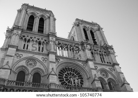Cathedral of Notre Dame de Paris in black and white.