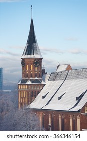 Cathedral On An Island In Kaliningrad From Above At Winter Time