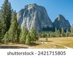 Cathedral Rocks at Yosemite Valley in Yosemite National Park during September in California. Formed in 1890 this is one of the oldest and most famous National Parks in the United States.