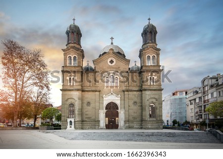 The Cathedral of Saints Cyril and Methodius, orthodox church in Burgas, Bulgaria at sunset. The second largest city on the Bulgarian Black Sea Coast.