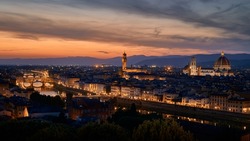 Cathedral Of Santa Maria Del Fiore (Duomo) And Palazzo Vecchio And Ponte Vecchio At Night, Florence, Tuscany, Italy