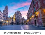 Cathedral of Santa Maria in Murcia at sunrise. Tourism or travel to Murcia concept.