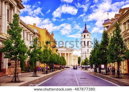 Cathedral square seen from Gediminas Avenue, the main street of Vilnius, Lithuania, a popular shopping and dining location