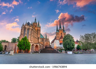 The cathedral square at sunset in the historic old town of Erfurt, Thuringia, Germany