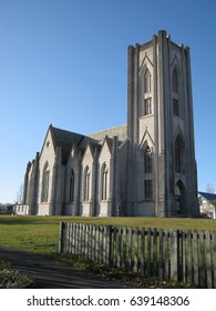 Catholic Cathedral Landakotskirkja, Landakot's Church Or Basilika Krists Konungs,The Basilica Of Christ The King, Reykjavík, Iceland. Built With A Flat Top, Designed By Architect Guðjón Samúelsson