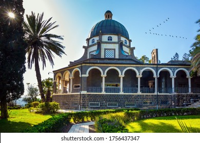 Catholic Church of the Beatitudes of the Franciscan monastery. The Mount Bliss on the Sea of Galilee. Blooming huge park around the monastery. Israel. The concept of religious pilgrimage 