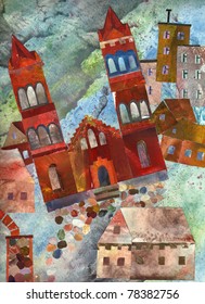 Catholic Church In The City. A Collage Of Paper. Arrangement