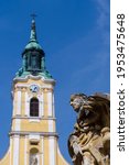 The Catholic church and the Holy Trinity Column in the King Bela street of Szekszard, Hungary