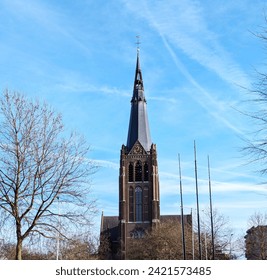 Catholic church spire with clock