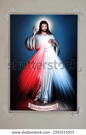 Catholic church.  Stained glass window.  Merciful  Jesus, I trust in you. The Divine Mercy of Jesus. Ho Chi Minh city. Vietnam. 