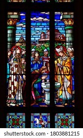 Catholic Stained Glass Depicting Saint Remy Baptizing Clovis I, King Of The Francs, And His Wife, Clotilde, In The Middle Ages. Petrópolis Cathedral, Rio De Janeiro, Brazil. Januar 27, 2015.