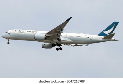 Cathy Pacific Airbus A350 Landing At Suvarnabhumi Airport Bangkok Thailand. September 19,2021