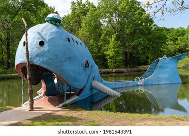 Catoosa, Oklahoma - May 5, 2021: The Famous Road Side Attraction Blue Whale Of Catoosa Along Historic Route 66