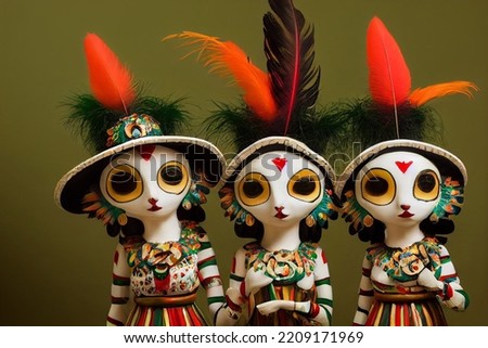 Catrinas. Artsy Skeleton figures made in ceramic, clay, flowers, feathers and other materials. Fancy hat. Make up. Day of the dead. Día de Muertos.