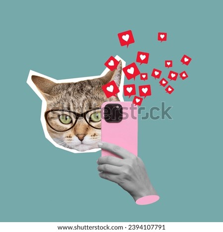 Cat's head in glasses holding pink mobile phone with like symbols from social media isolated on teal blue background. 3d trendy collage in magazine style. Modern creative design. Contemporary art