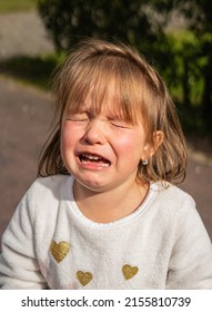 Caucasian 4 Years Kid Crying Alone On Playground At Park. Cute Girl Stay Stand Alone And Show Feeling Sad With Tear Outside Home. Child Emotion Concept