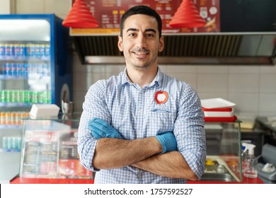 Caucasian Adult Man Entrepreneur Stand At Fast Food Store Front View