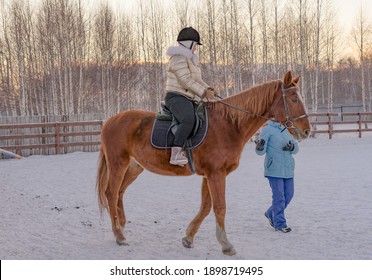 A Caucasian Adult Woman Learns Dressage On A Horse. The Rider Listens Attentively To The Dressage Coach. Winter, Outdoor, Equestrian Center. 