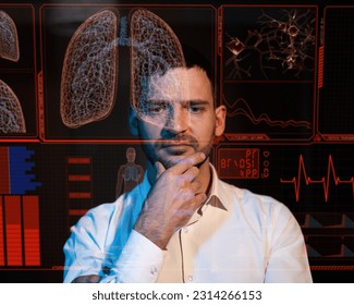 Caucasian bearded man looks at the medical screen of the respiratory system. HUD menu. 